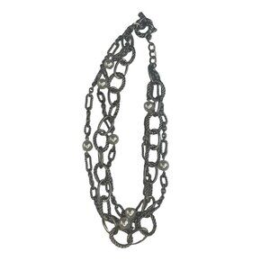 Vintage Multi-Layered Silver Chain Necklace With Faux Pearl Accents Toggle Clasp